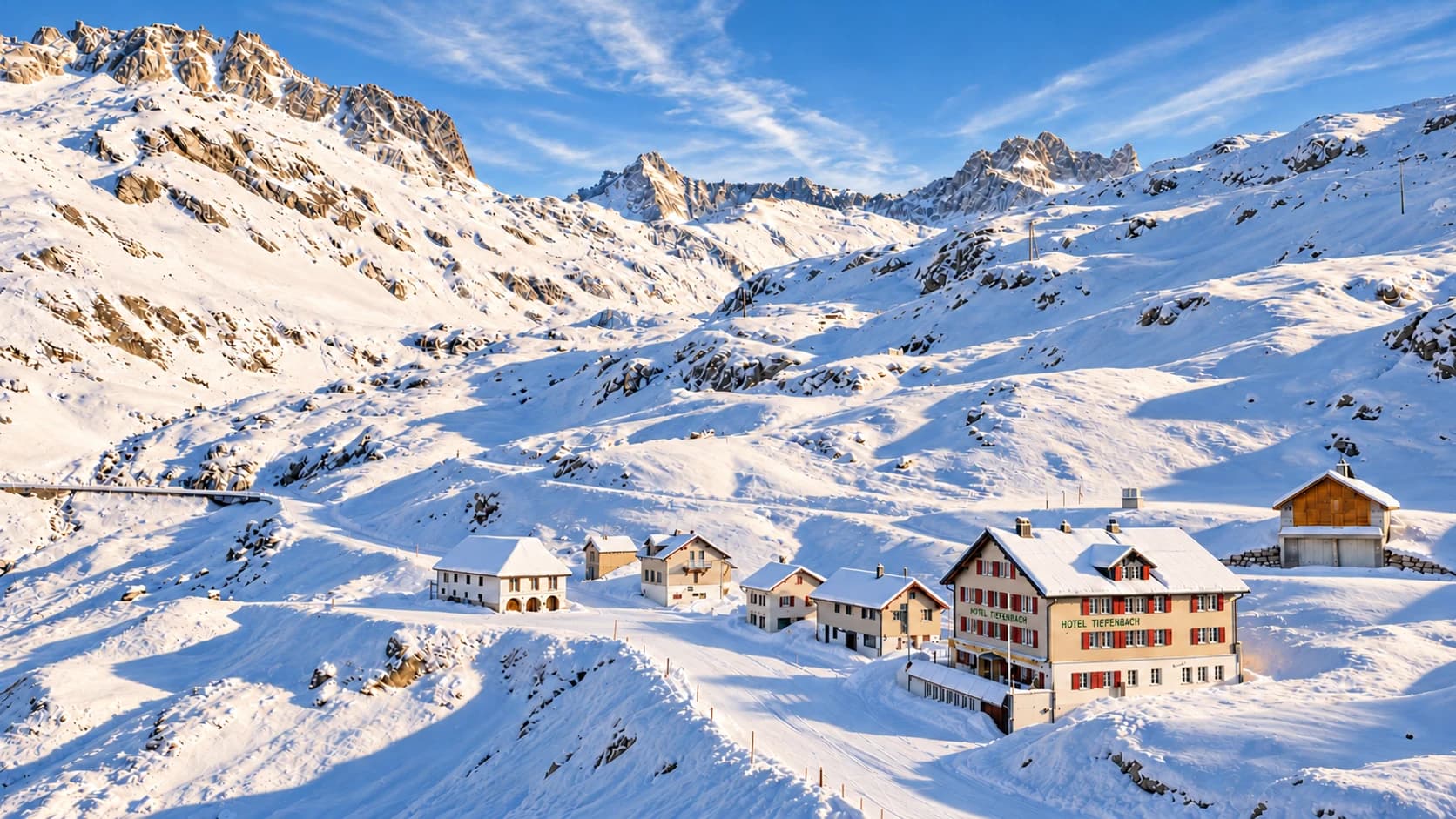Winteransicht des Hotels Tiefenbach am Furkapass